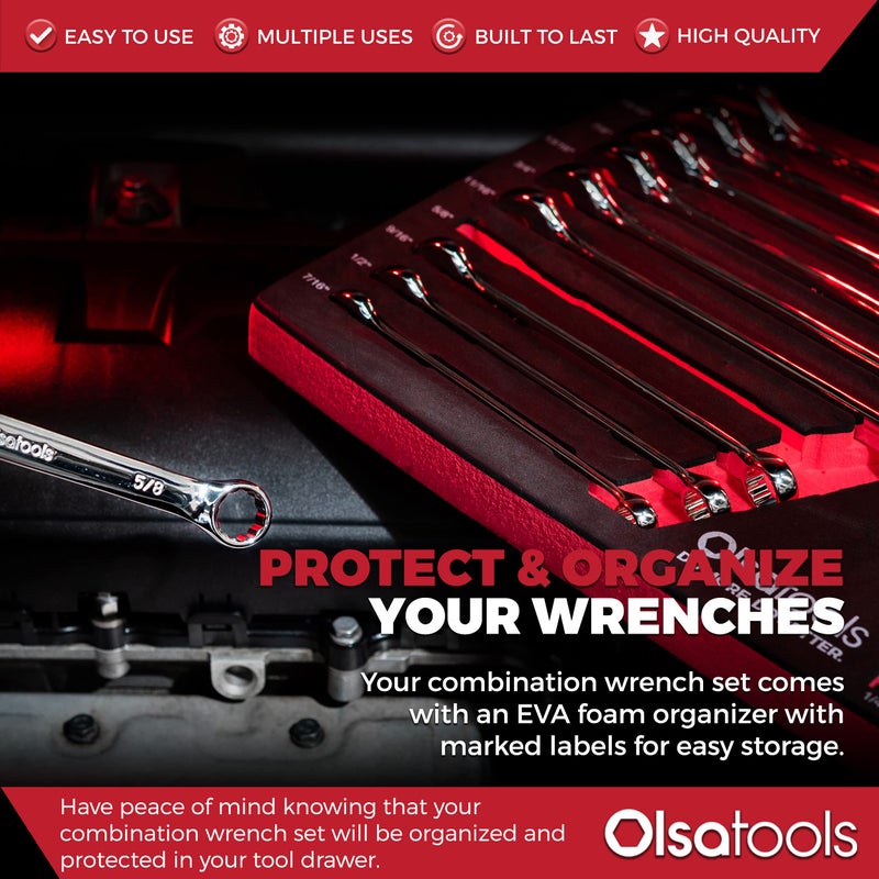 Olsa Tools 15-Piece SAE Combination Wrench Set, Chrome Vanadium Steel, Precision 12-Point Box End, Unbreakable - Image 2